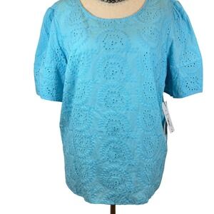 NWT Calypso Blue Eyelet Embroidered Blouse Women's PXL Puff Sleeve Cotton Spring